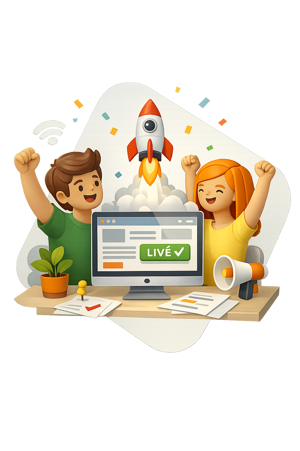 Illustration représentant la mise en ligne d’un site web d’entreprise avec validation de publication