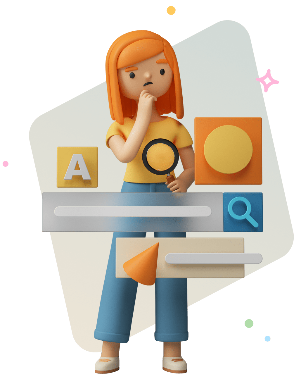 Illustration 3D d’une experte analysant des résultats de recherche