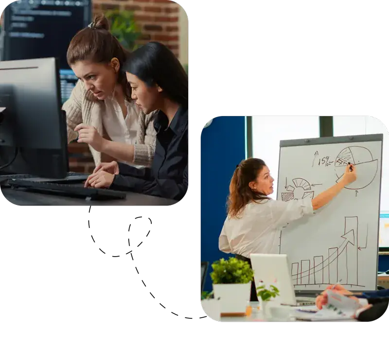 Deux collaboratrices travaillant sur écran et tableau de planification