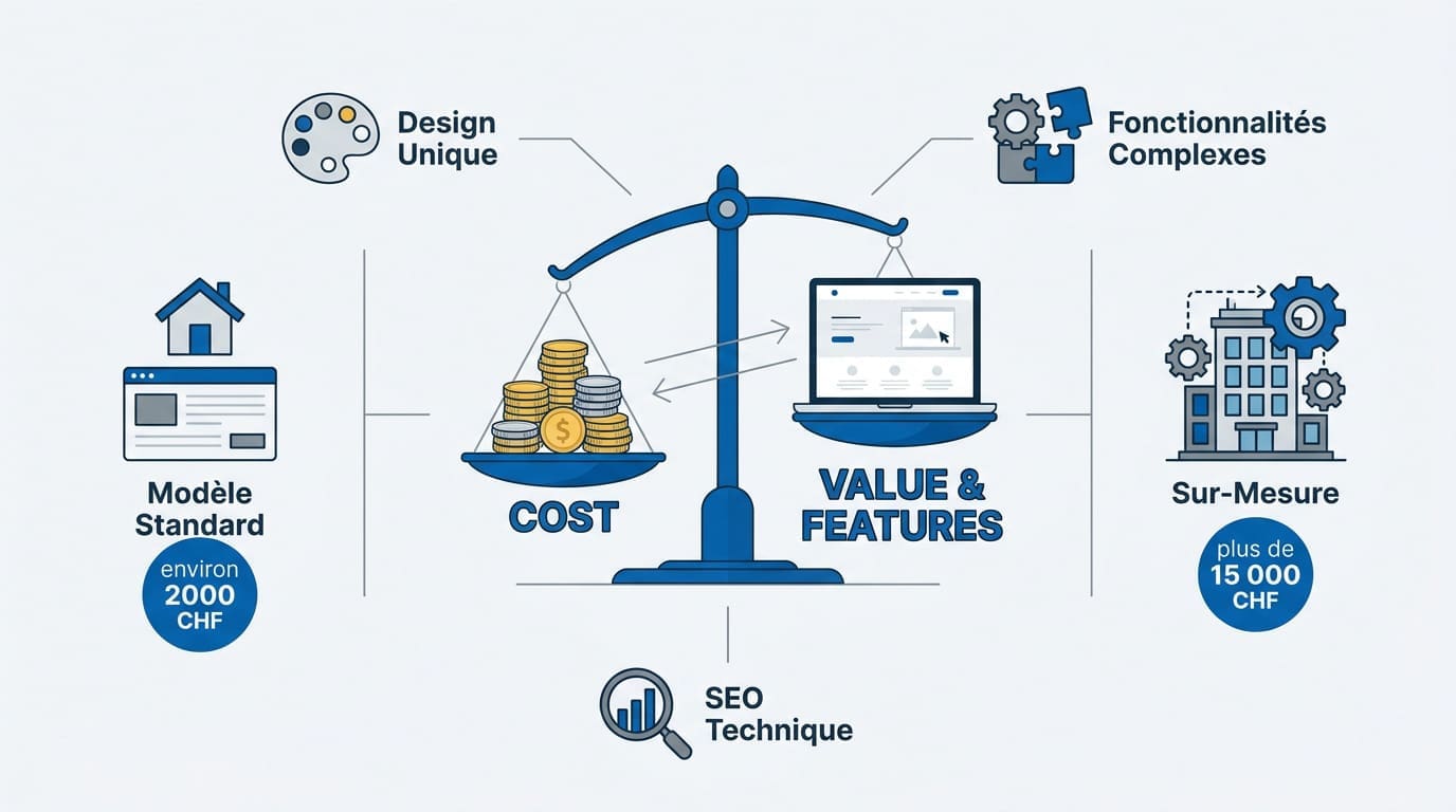 Graphique comparatif des tarifs entre site web standard et création sur mesure