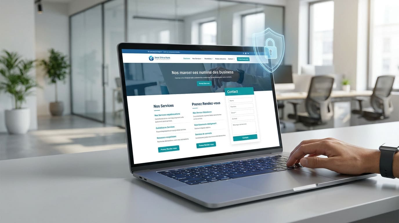 Un ordinateur portable affiche un site web professionnel avec une icône de cadenas de sécurité numérique.