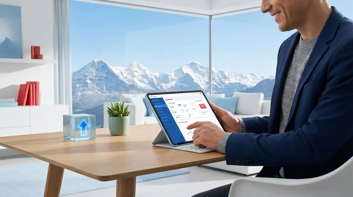 Un homme d'affaires consulte les statistiques de vente sur tablette devant une fenêtre avec vue sur les Alpes.